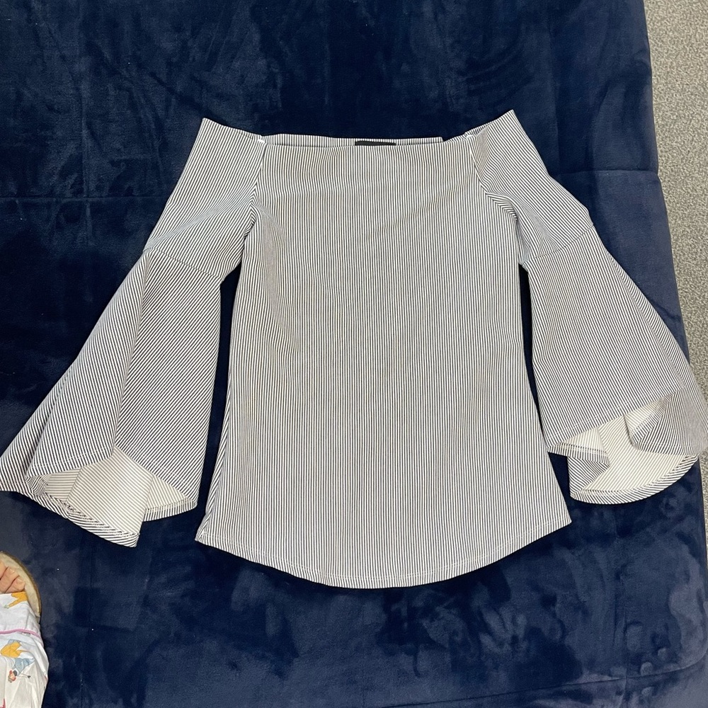 Fifteen Twenty Blue & White Striped Off shoulder top with 3/4 bell sleeves